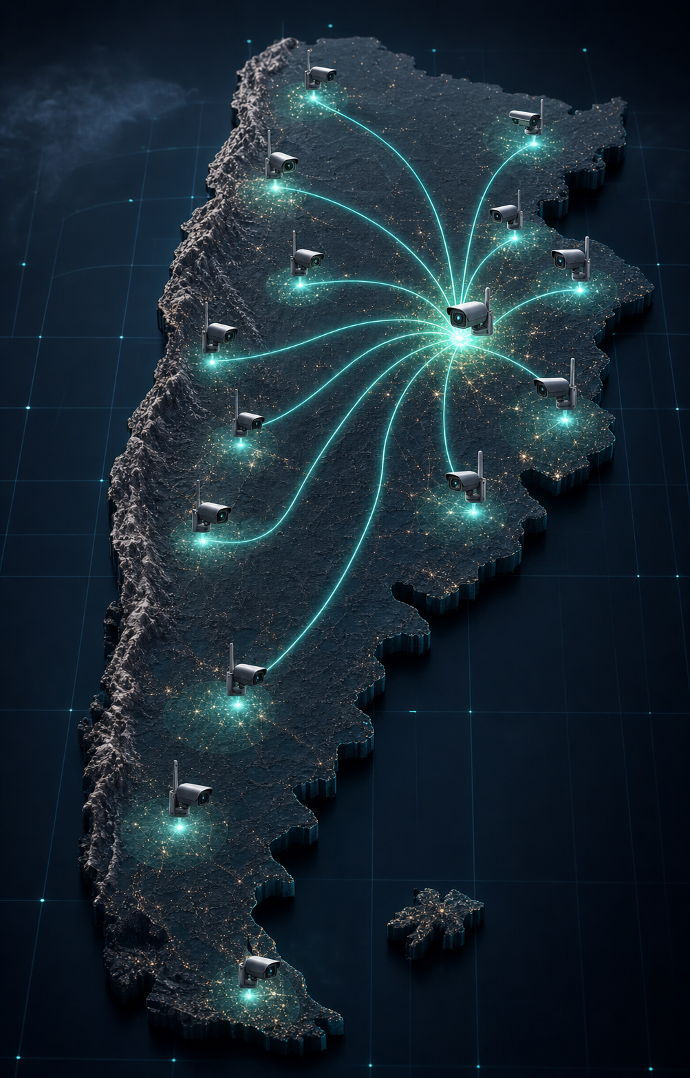 Mapa 2.5D de Argentina con cámaras residenciales conectadas desde Santa Fe