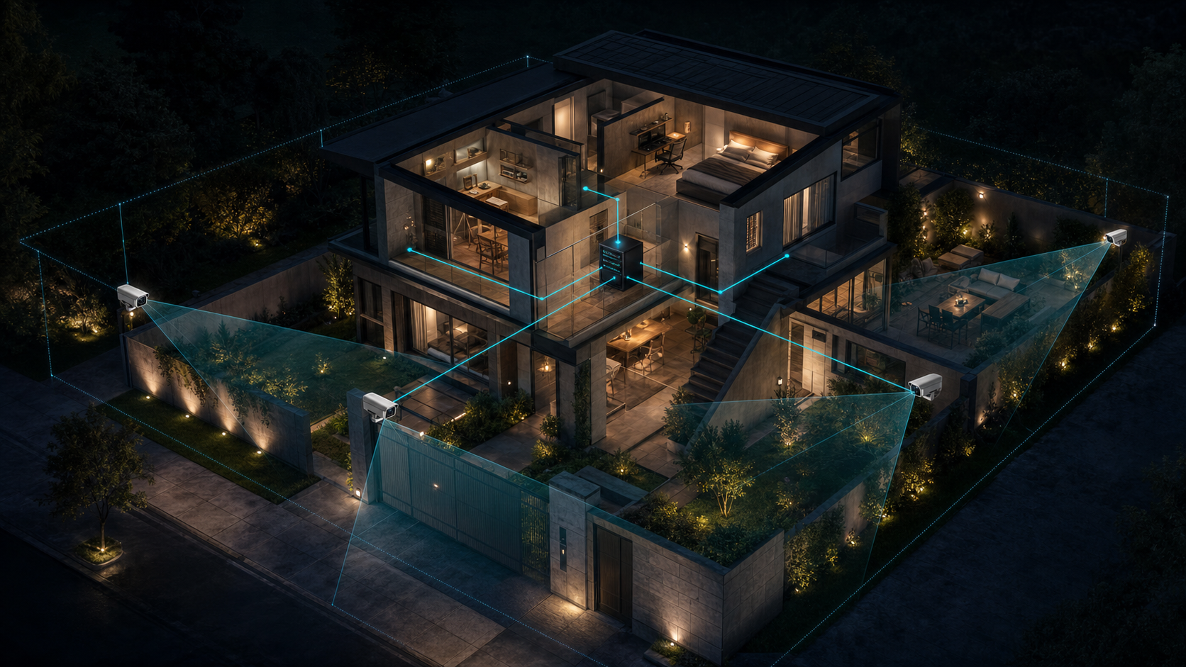 Casa moderna protegida por cámaras conectadas a una computadora local WARDIA+