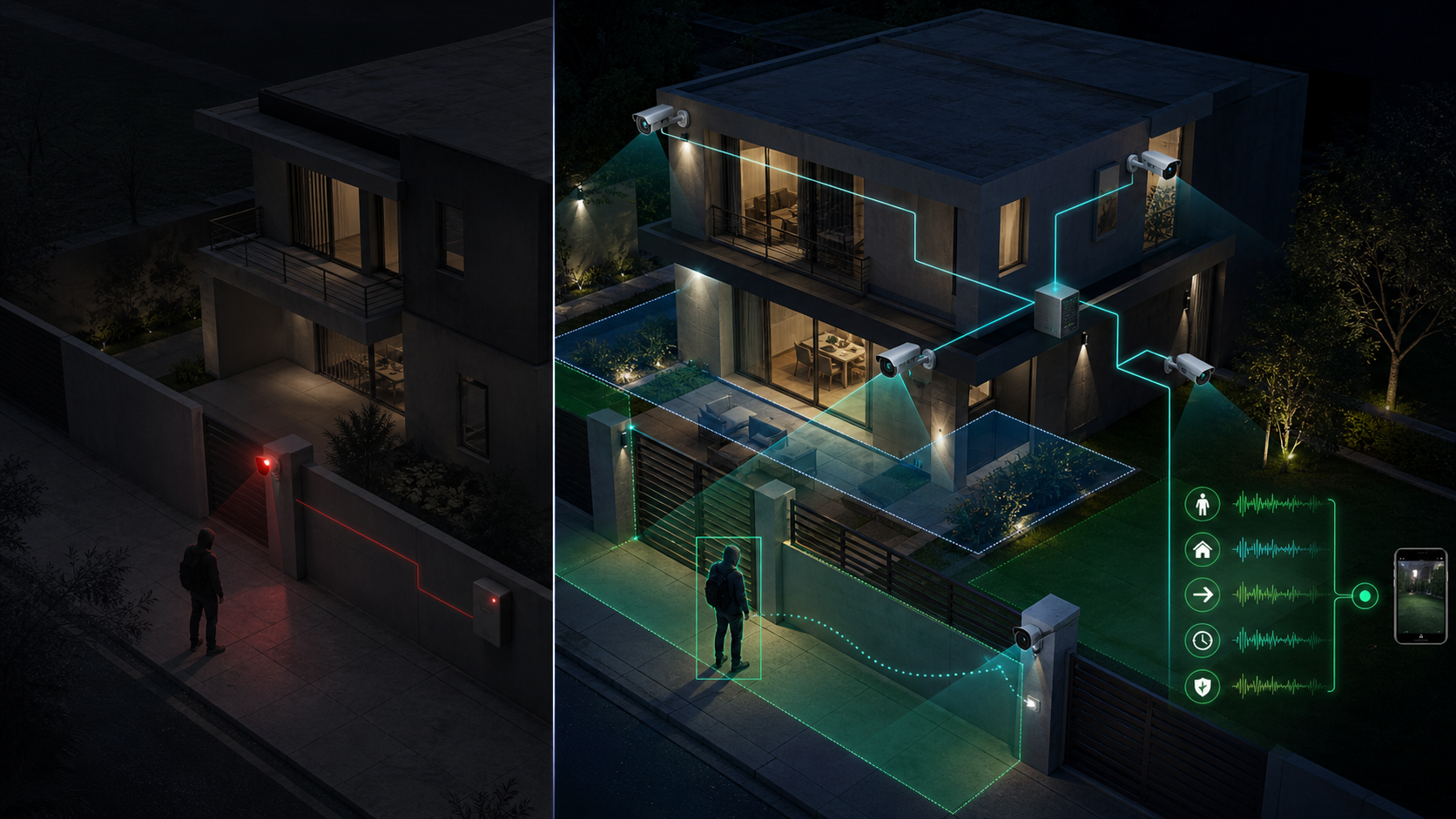 La misma casa protegida por un sensor tradicional y por el análisis inteligente de WARDIA+